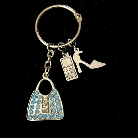 Embellished Keychain Silver w/Blue Stones Handbag, Shoe, & Cell Charms - Picture 1 of 3